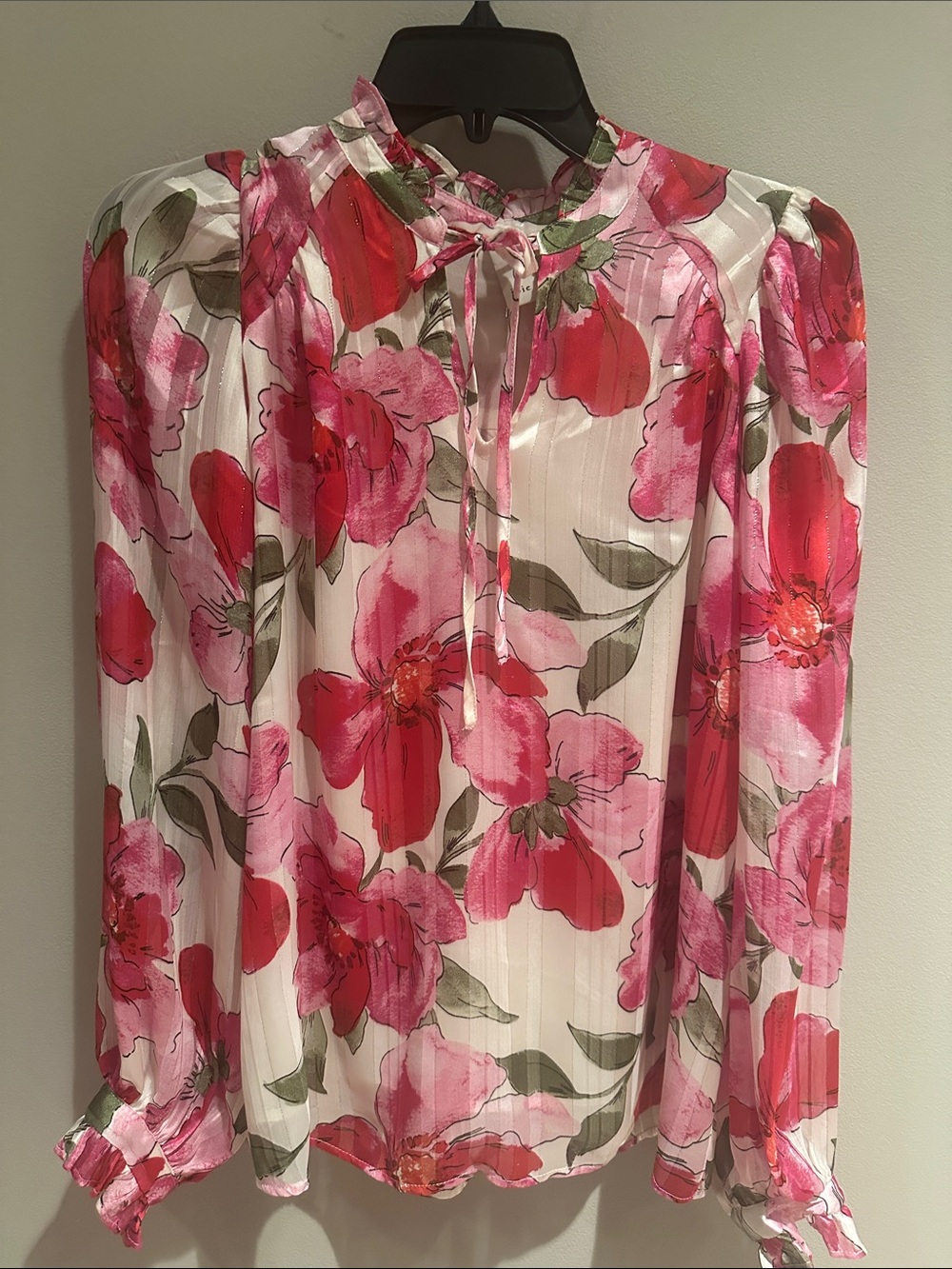 Joie Floral Tie-Neck Blouse in White, Pink and Red